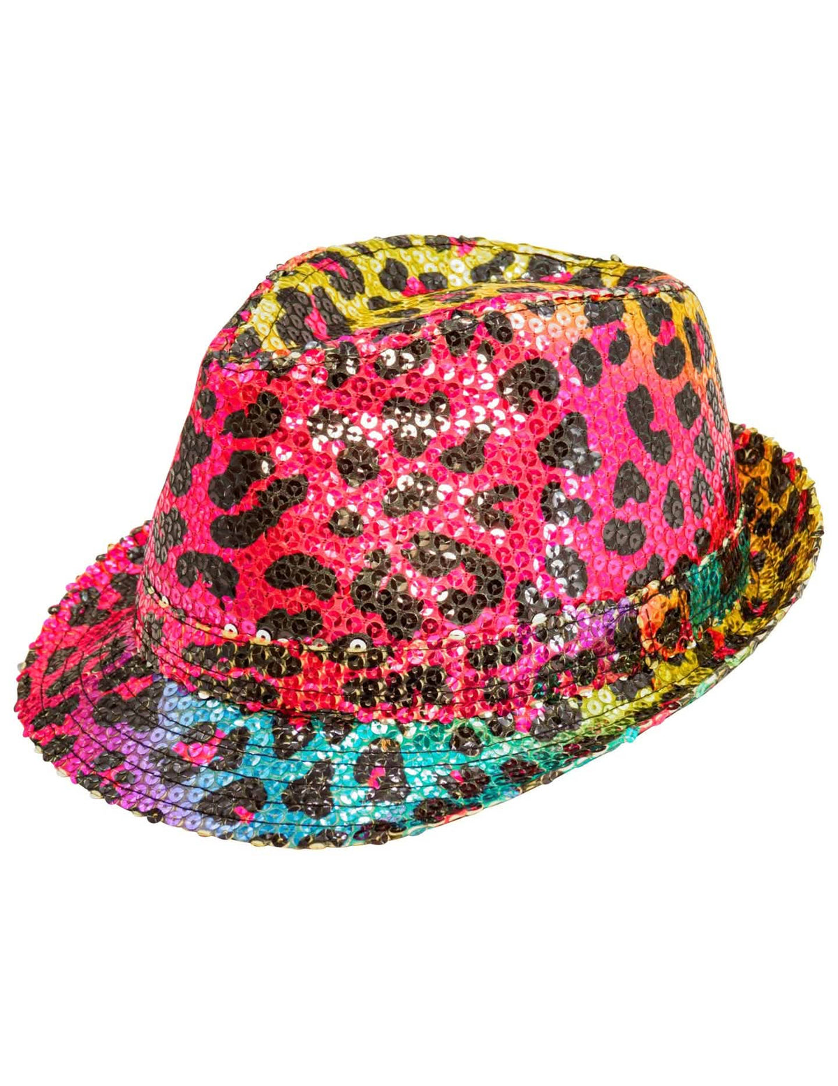 Vue de trois-quarts du chapeau borsalino à sequins léopard pour adulte