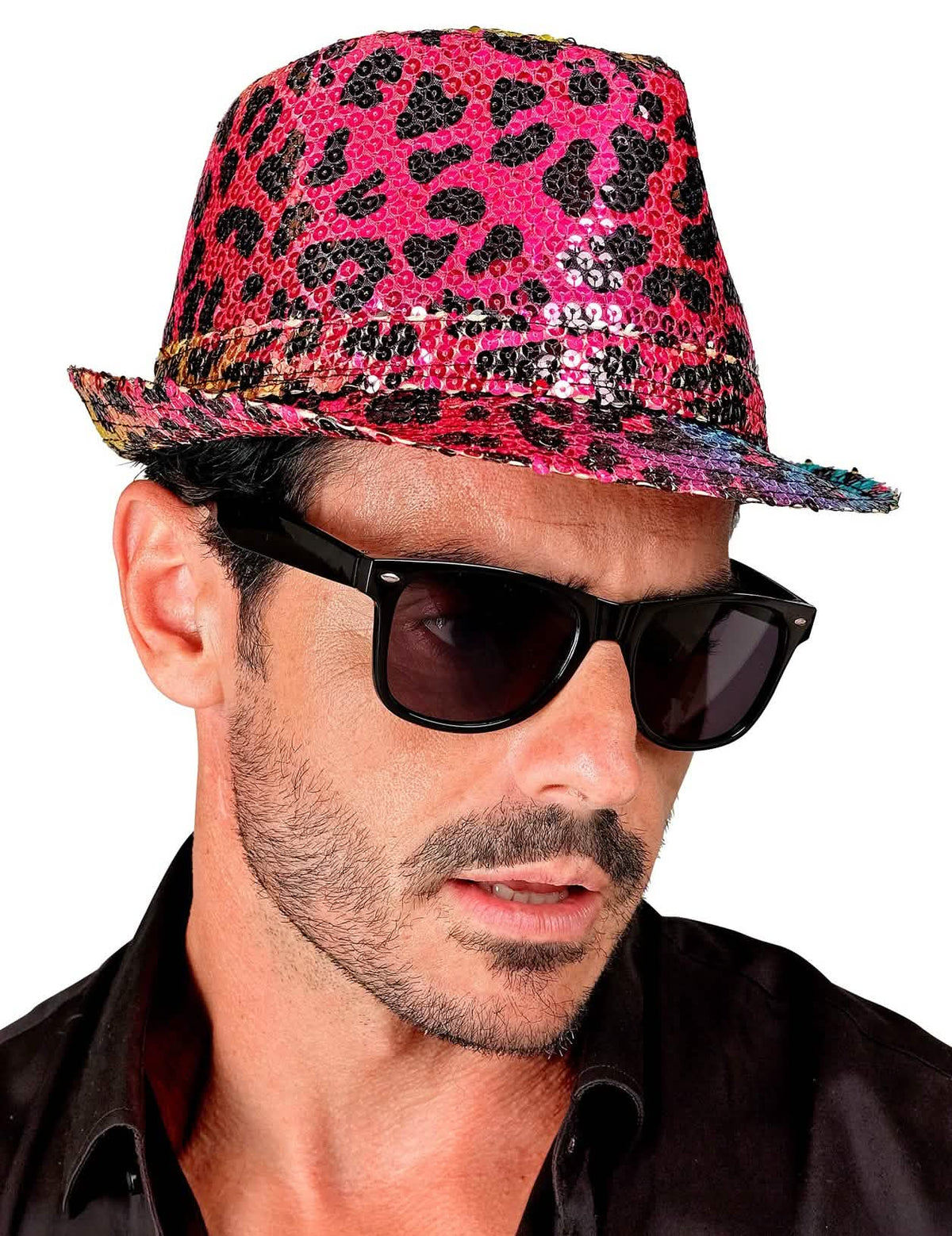 Chapeau borsalino à sequins léopard pour adulte multicolore rose et noir