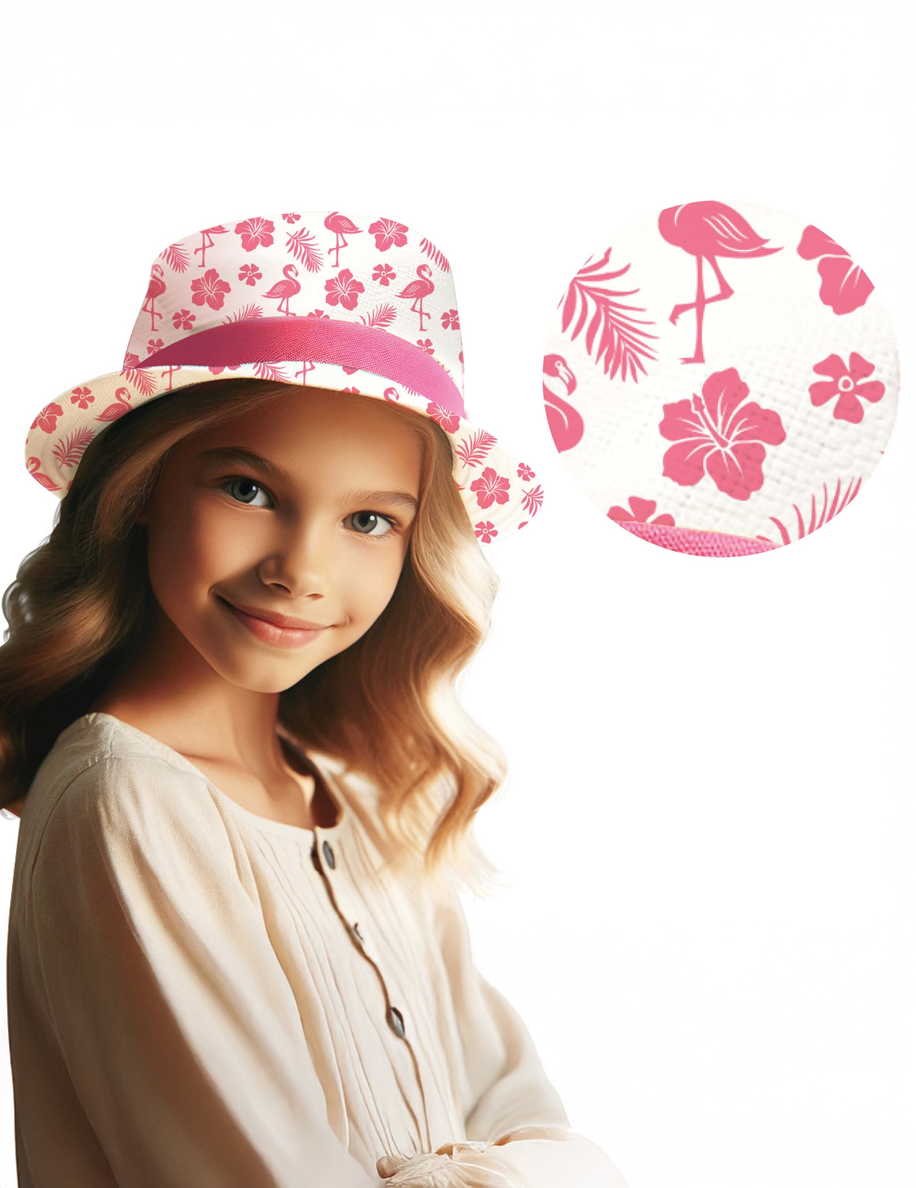 Chapeau d'été flamant rose pour enfant blanc et rose avec motifs tropicaux
