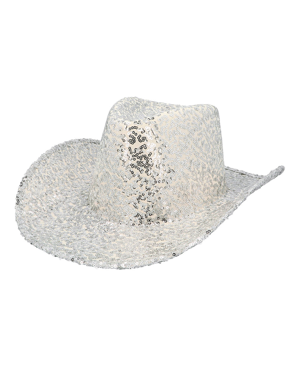 Vue de trois-quarts du chapeau de cowboy à sequins pour adulte argenté
