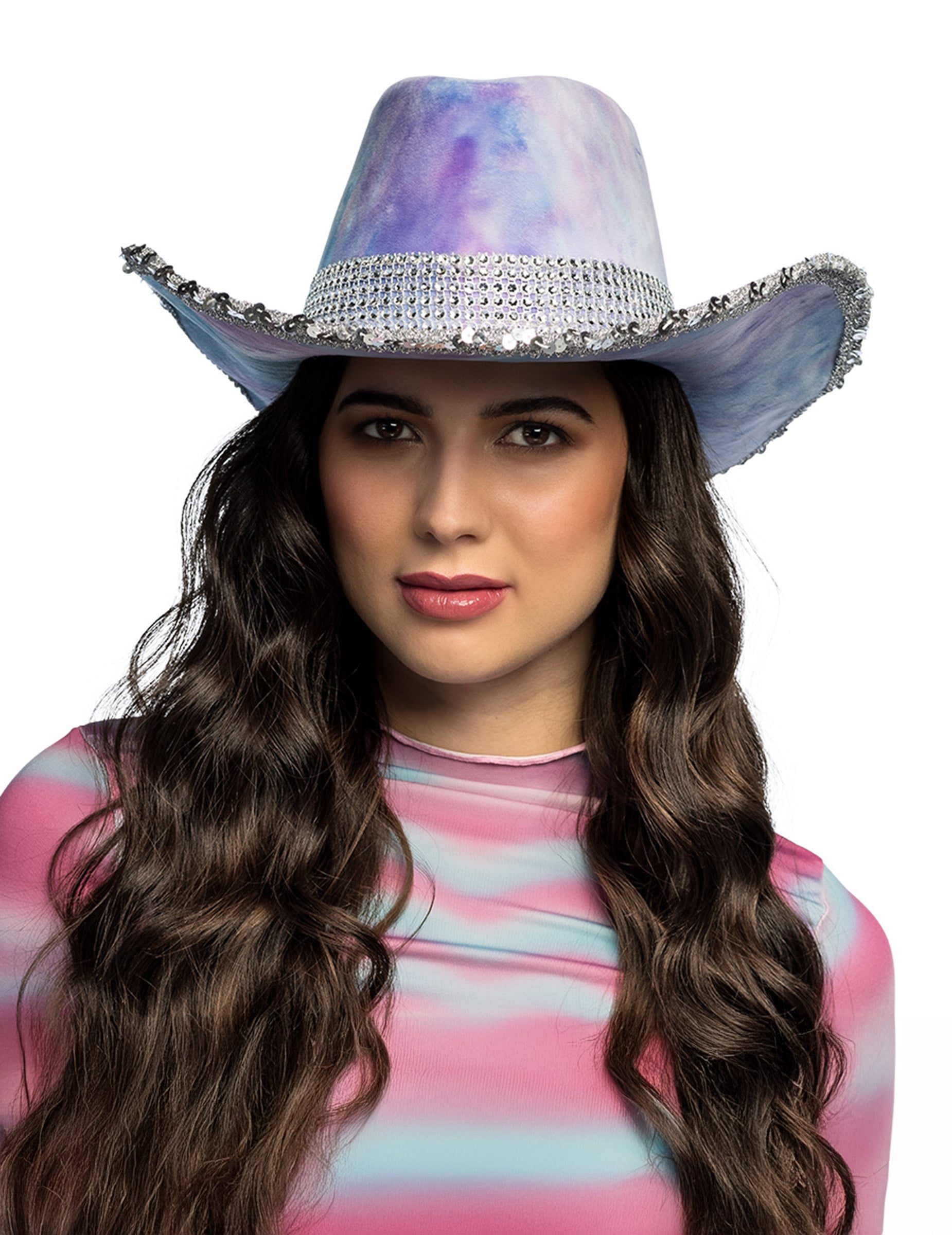 Chapeau de cowboy tie and dye pour adulte bleu et violet à sequins argentés