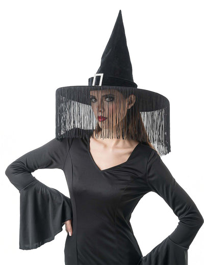 Chapeau de sorcière noir à franges adulte
