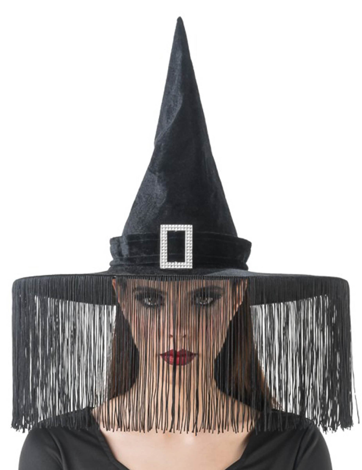 Chapeau de sorcière noir à franges adulte