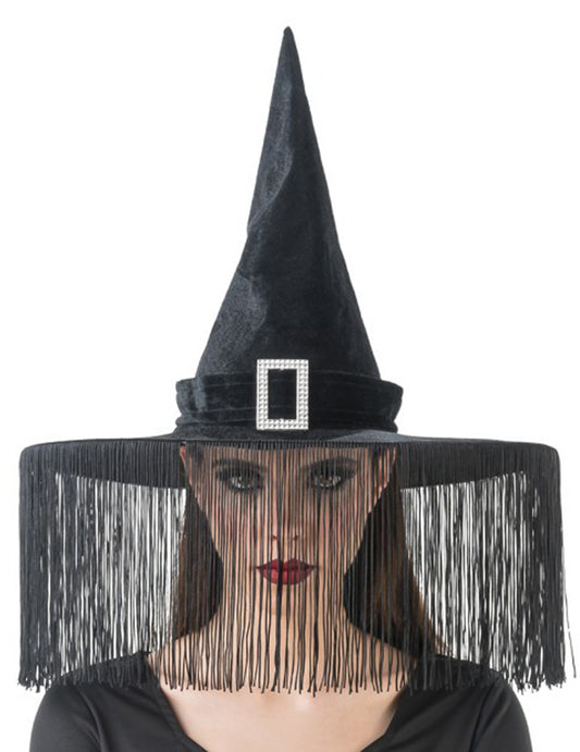 Chapeau de sorcière noir à franges adulte