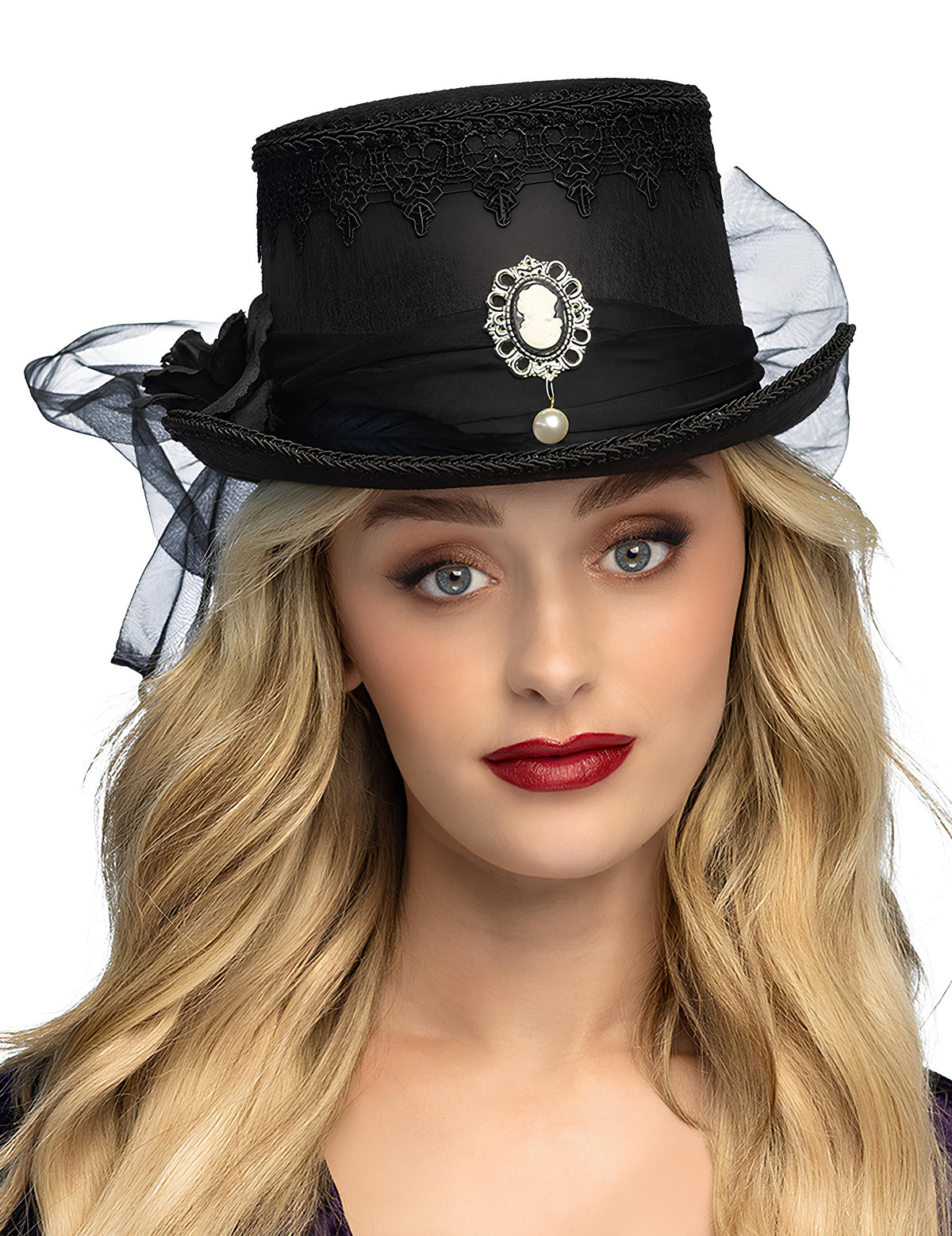 Chapeau Haut de forme Gothique pour femme noir avec camée et dentelle
