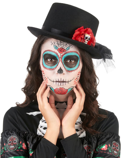 Chapeau haut de forme noir tête de mort fleur rouge Dia de los muertos adulte