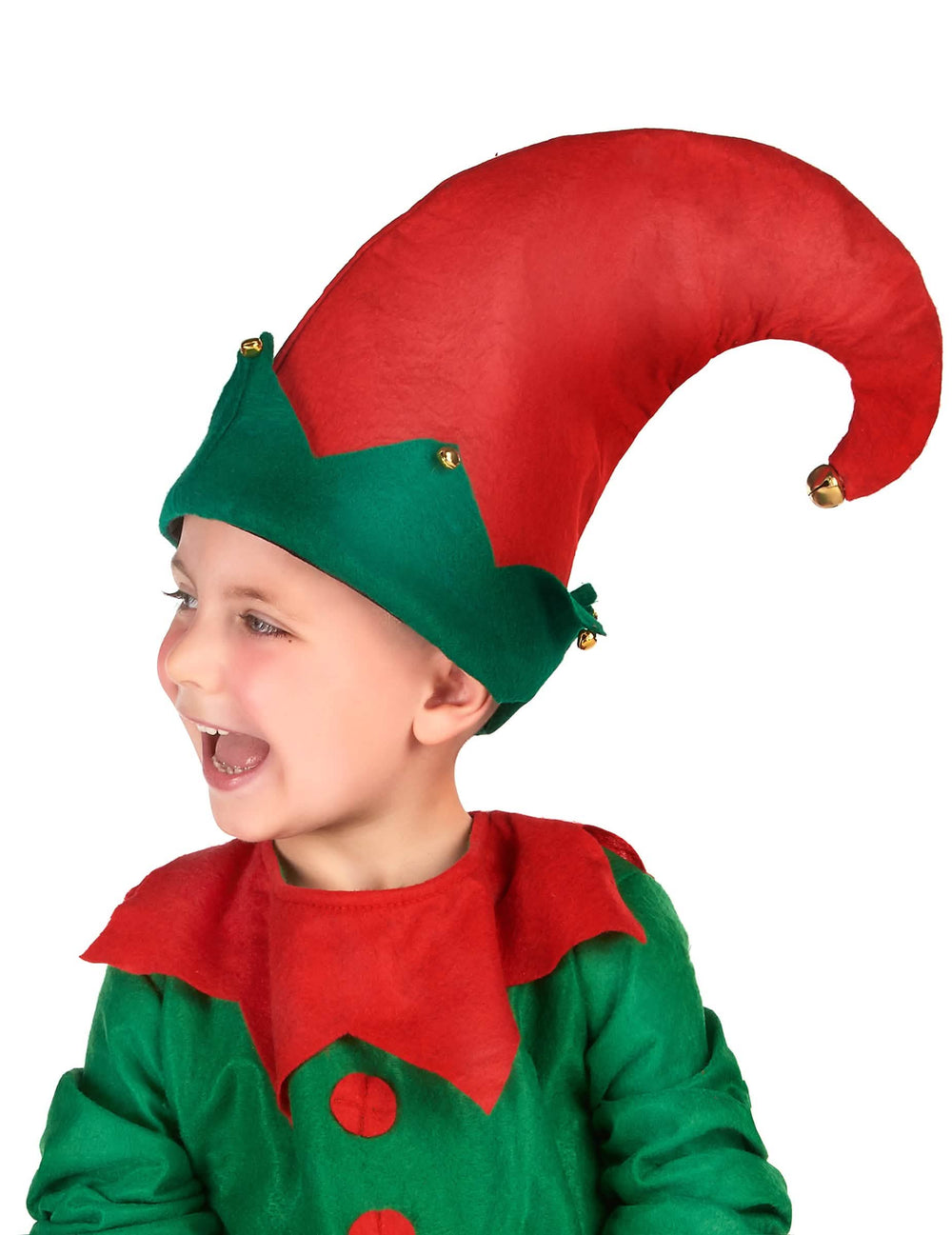 Kindermuts als kabouter met belletjes, rood en groen