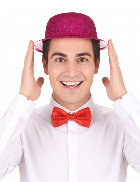 Chapeau melon pailleté fuschia adulte