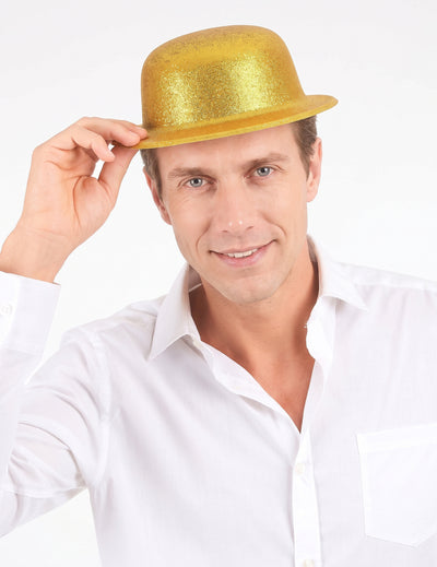 Chapeau melon plastique pailleté doré adulte