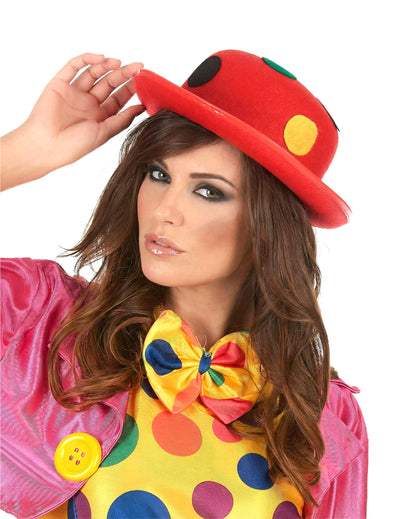 Chapeau melon clown à pois pour adulte rouge avec pois multicolores