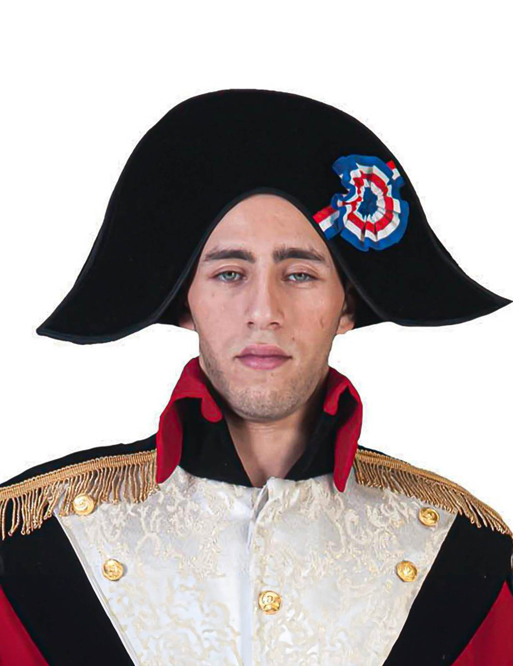 Chapeau Napoléon pour adulte noir avec cocarde bleu blanc rouge