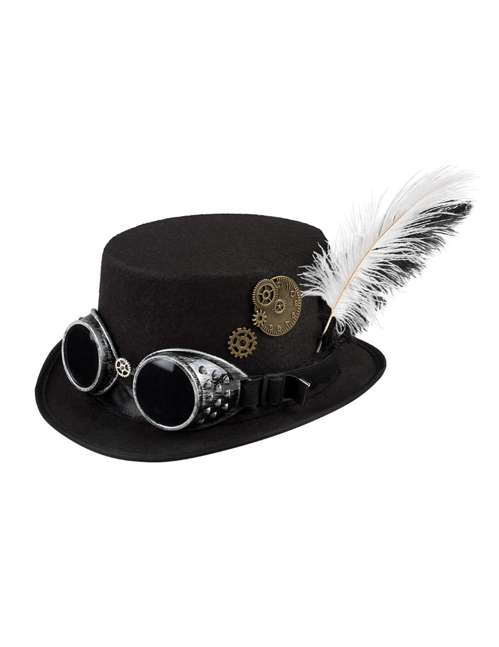 Driekwartaanzicht met tandwielen en veren van de steampunkhoed