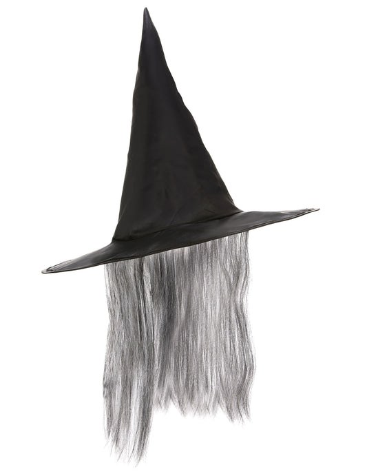 Zwarte heksen hoed met grijze haren Halloween