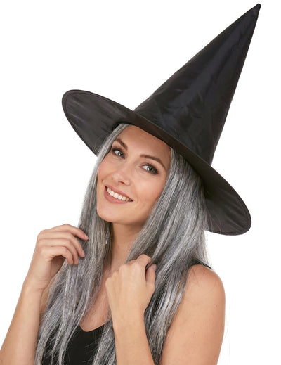 Zwarte heksen hoed met grijze haren Halloween