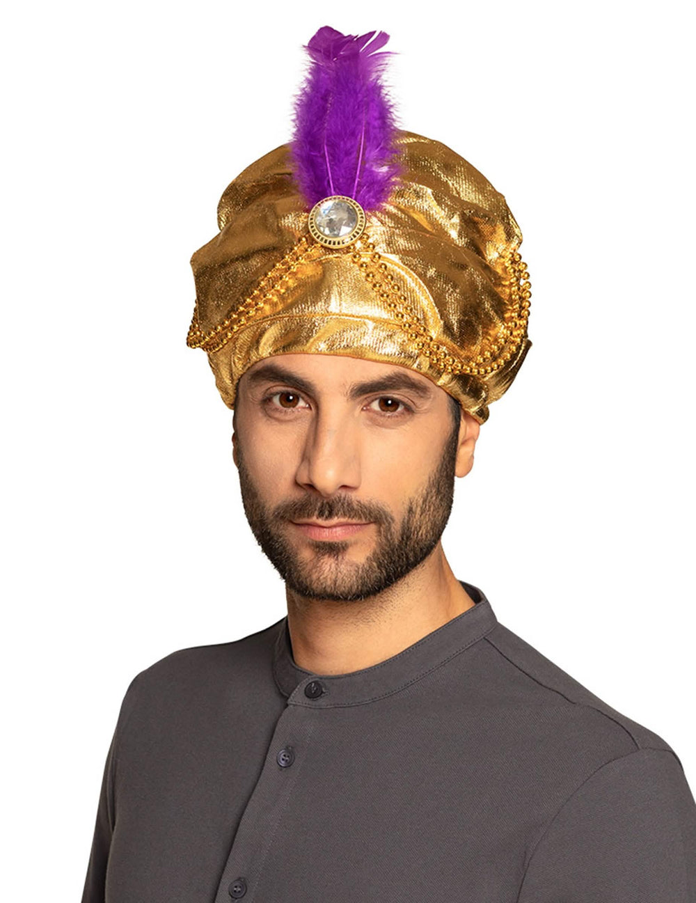 Chapeau sultan pour adulte doré avec plume violette