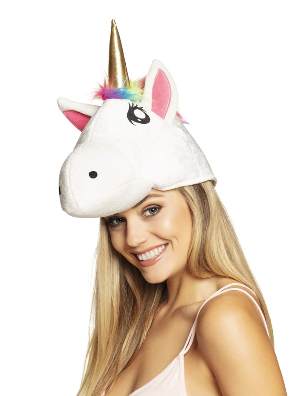 Chapeau tête de licorne pour adulte blanc avec corne dorée et crinière arc-en-ciel