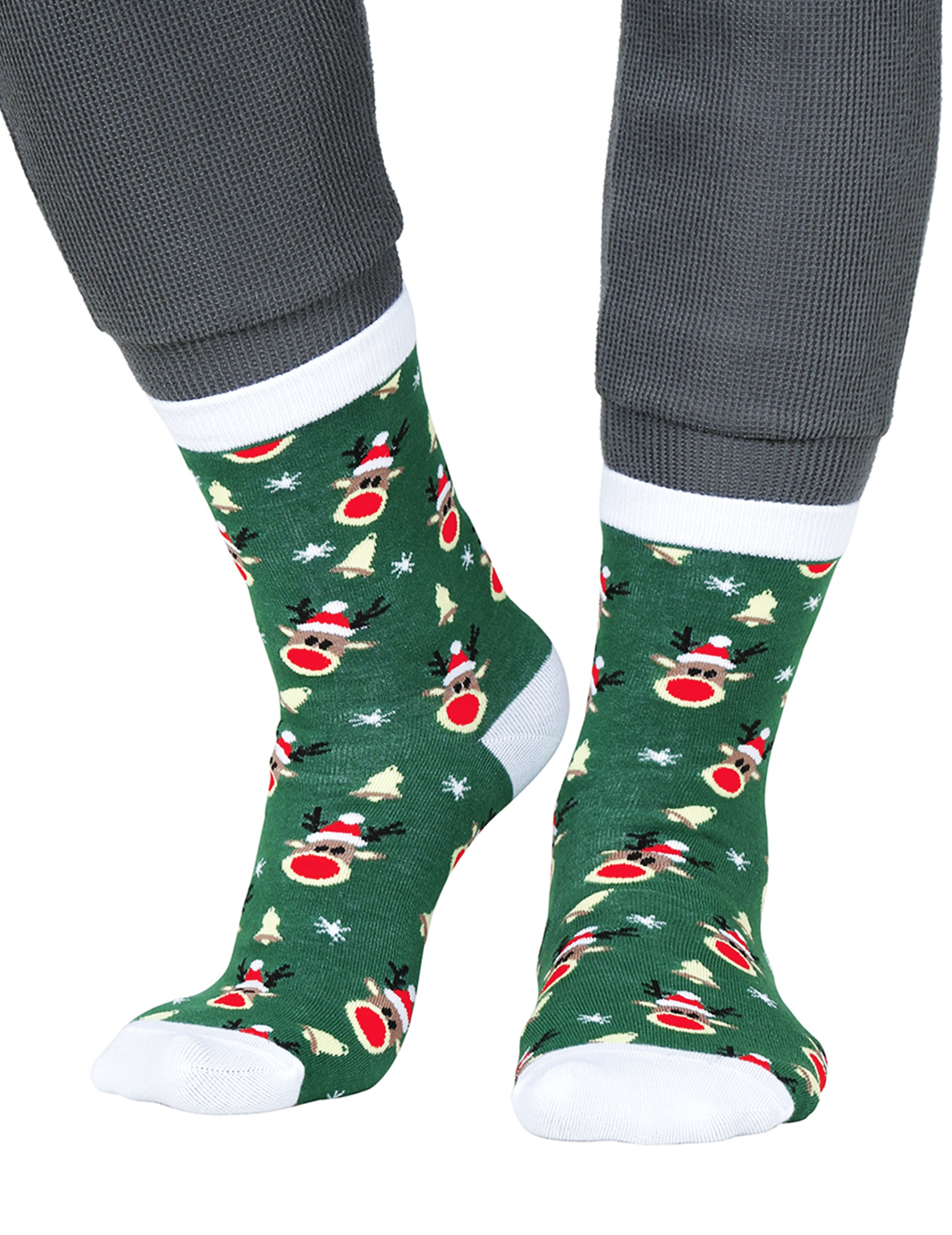 Chaussettes de Noël motifs rennes pour adulte vertes avec talons et pointes blancs