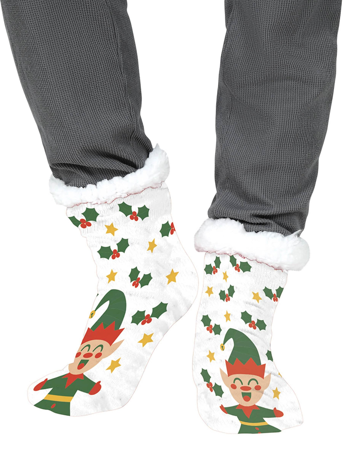 Chaussettes thermiques elfes de Noël pour adulte blanches avec revers en peluche blanche