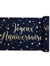 Katoenen tafelloper "Happy Birthday" marineblauw en goud 28 cm x 3 m