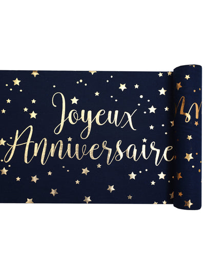 Katoenen tafelloper "Happy Birthday" marineblauw en goud 28 cm x 3 m