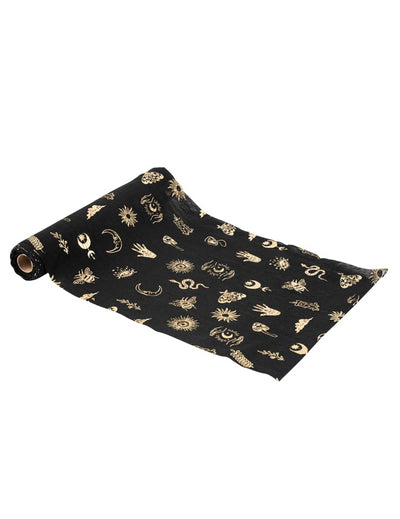 Chemin de table Divination Cosmic Spirit en mousseline noire et or 28 cm x 3 m