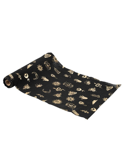 Chemin de table Divination Cosmic Spirit en mousseline noire et or 28 cm x 3 m