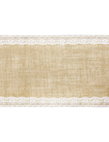 Chemin de table en jute bordures dentelle pour mariage naturel et blanc