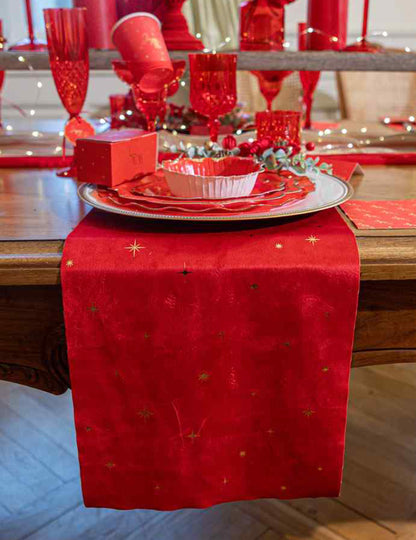Tafelloper sterren rood fluweel en goud 28 cm x 3 m