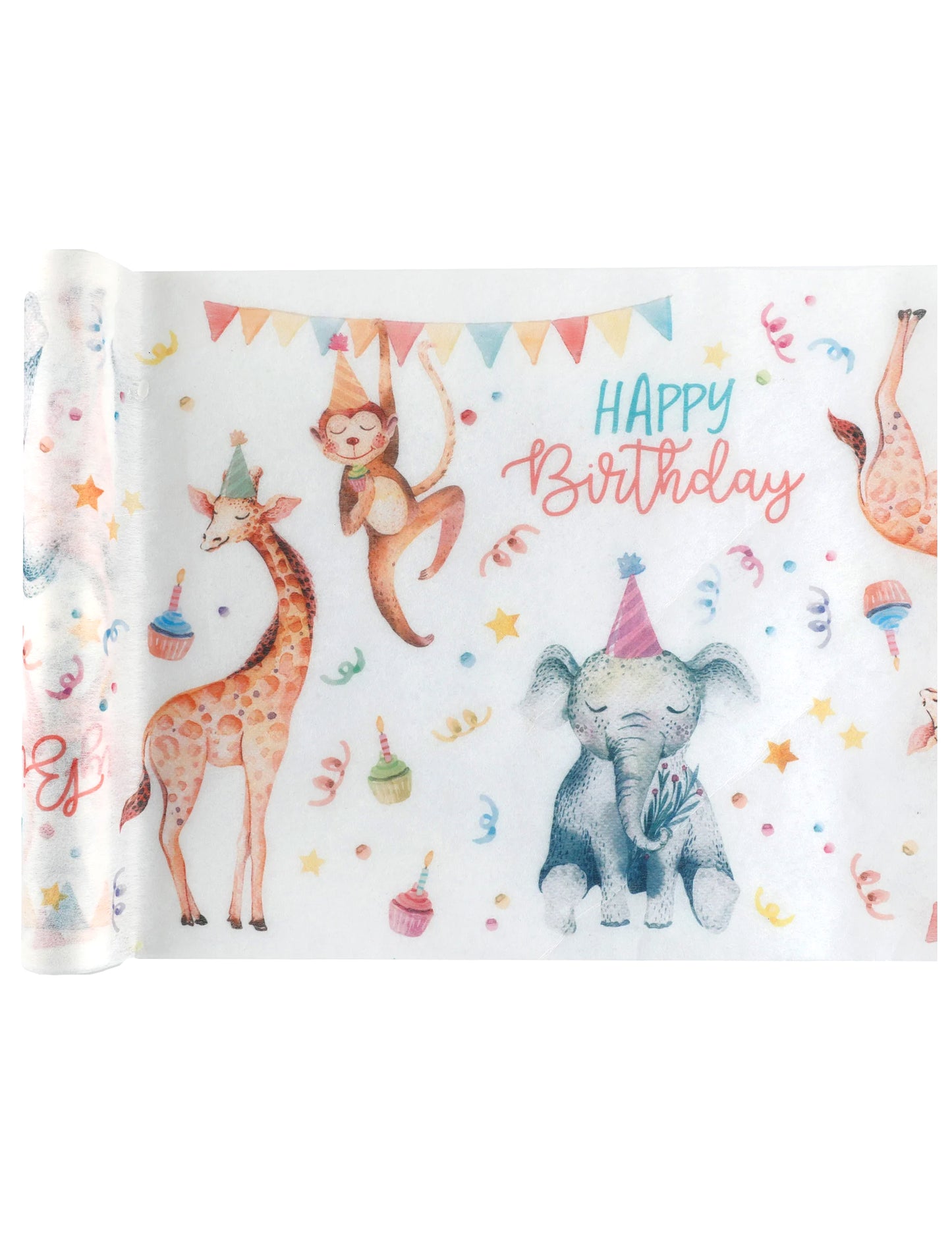 Chemin de table safari party pour anniversaire blanc avec animaux et Happy Birthday