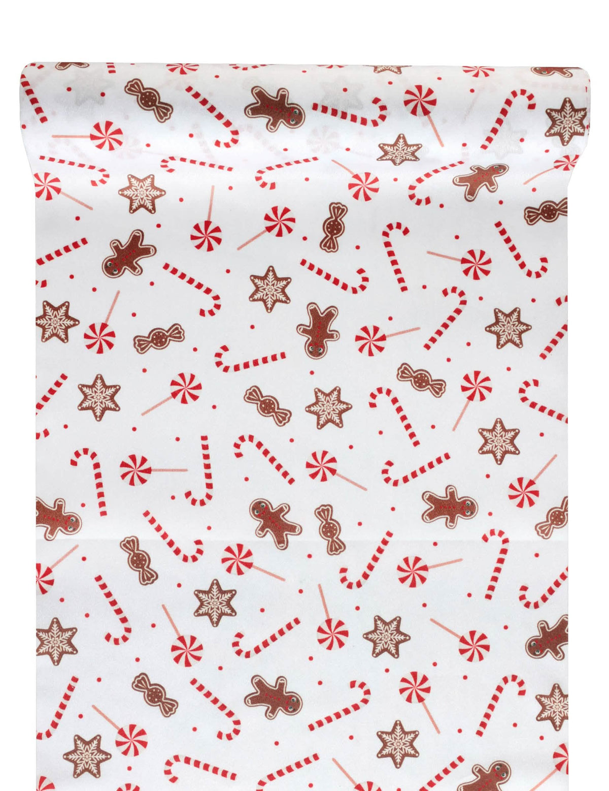 Chemin de table gourmandises de Noël blanc festif avec motifs sucres d'orge et bonhommes de pain d'épice