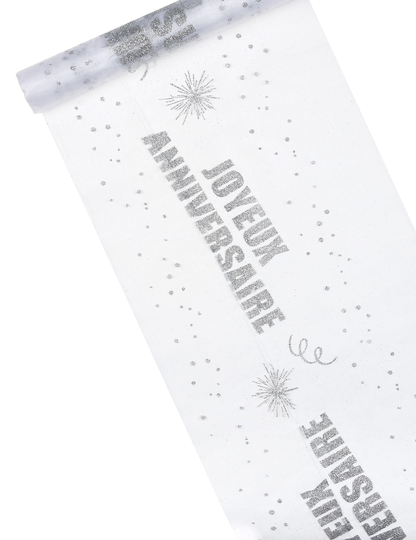 Chemin de table organza Joyeux anniversaire argent pailleté