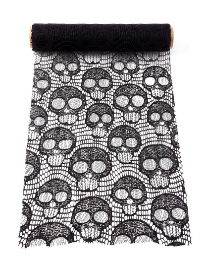 Chemin de table tête de mort en dentelle noire 28 cm x 3 m