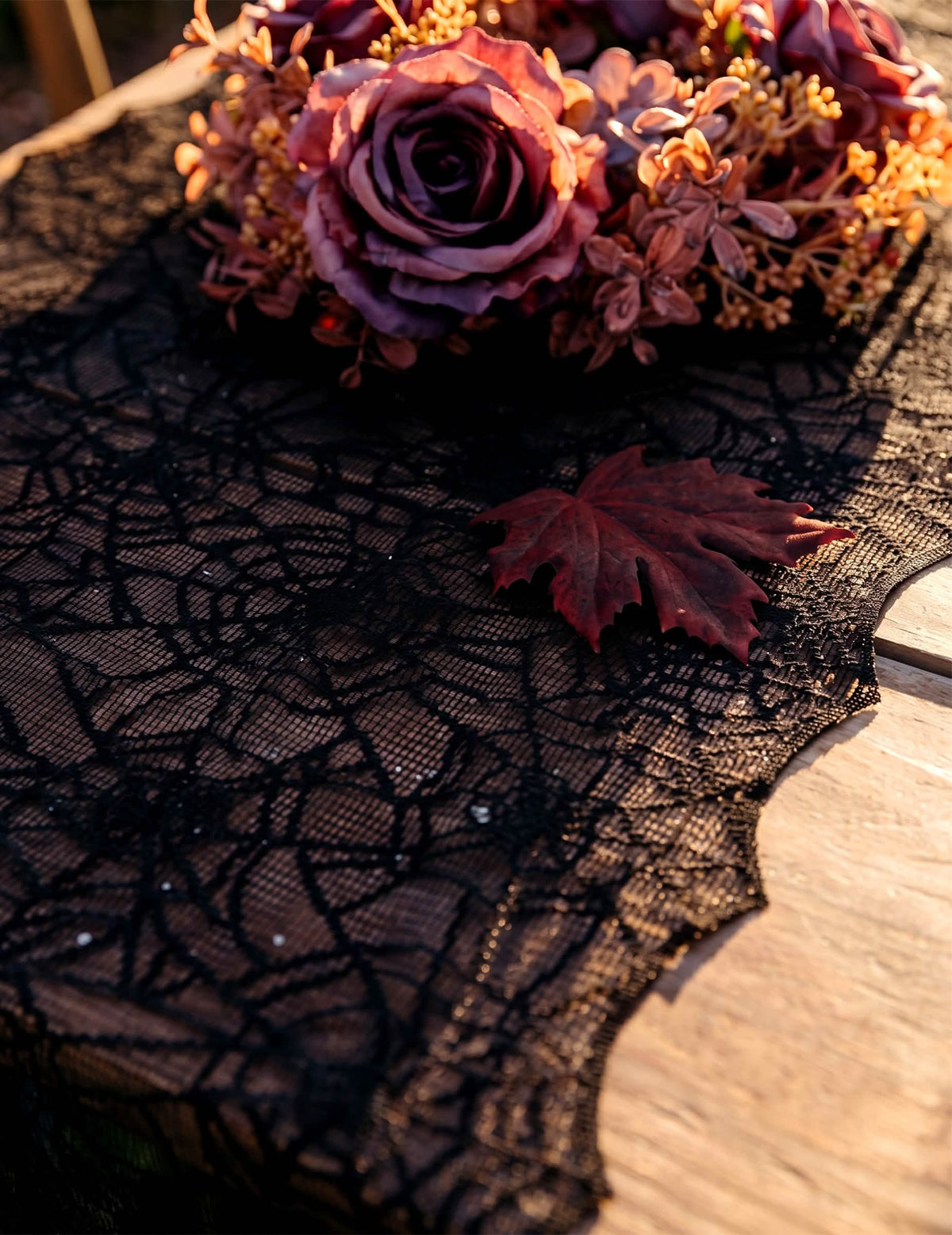 Chemin de table toile d'araignée en dentelle noire 44 cm x 1,82 m