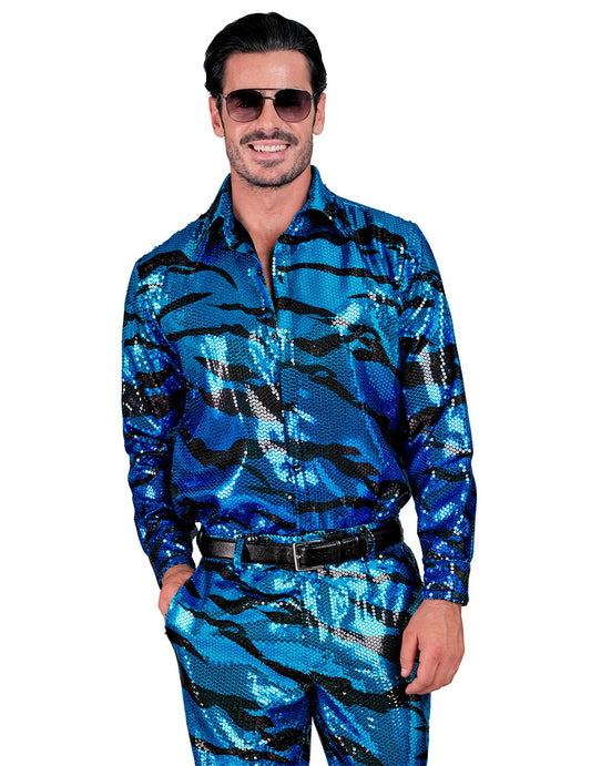 Blauw pailletten overhemd met golfpatroon voor heren