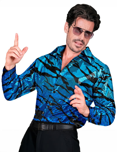 Blauw pailletten overhemd met golfpatroon voor heren