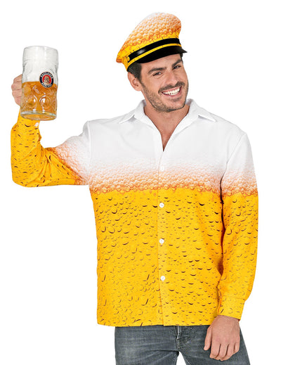 Chemise et chapeau bière pour adulte jaune et blanc motif mousse