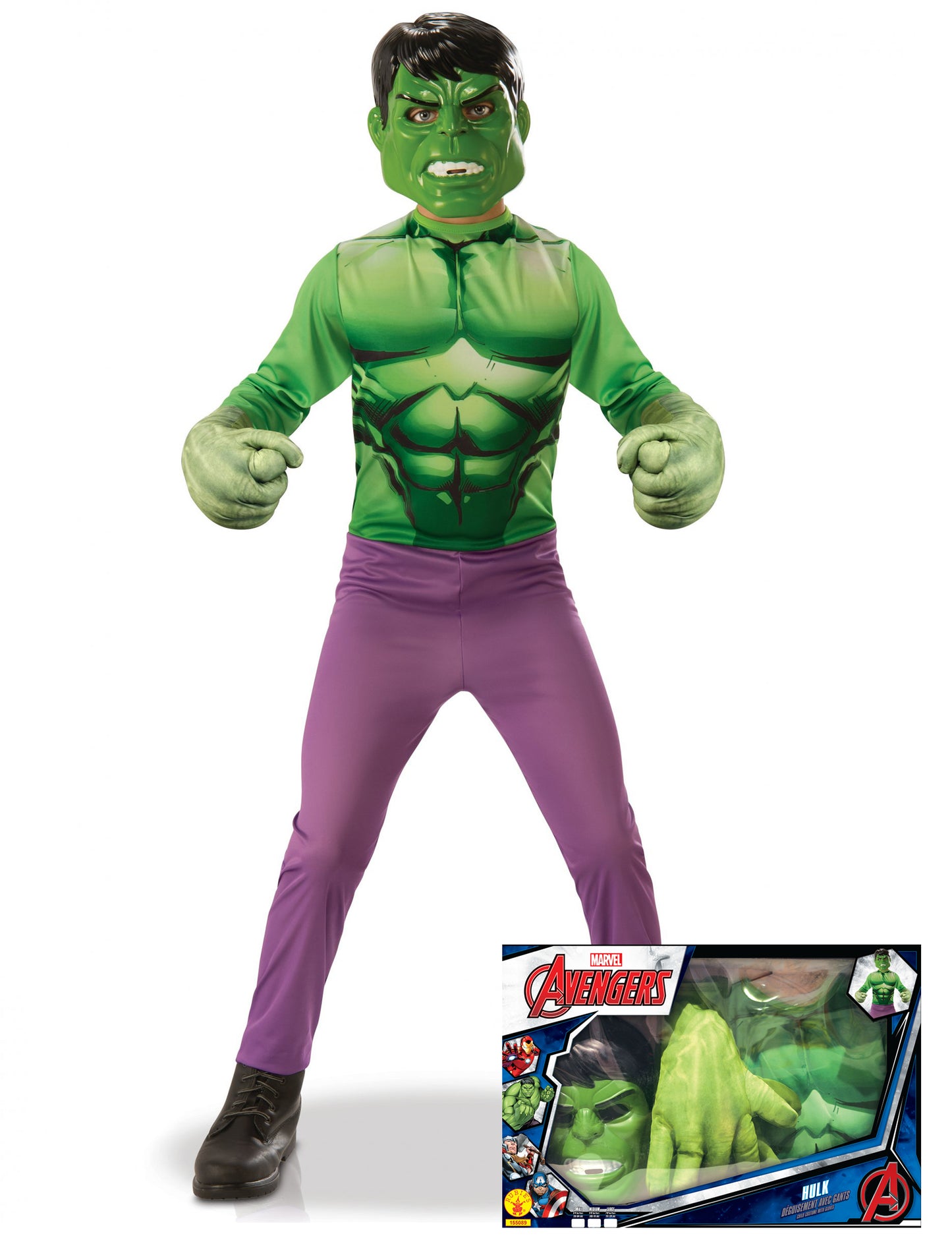 Coffret classique Hulk avec gants géants pour garçon vert et violet