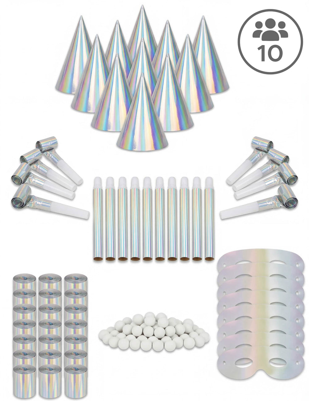 Coffret cotillons irisés pour 10 personnes argenté holographique