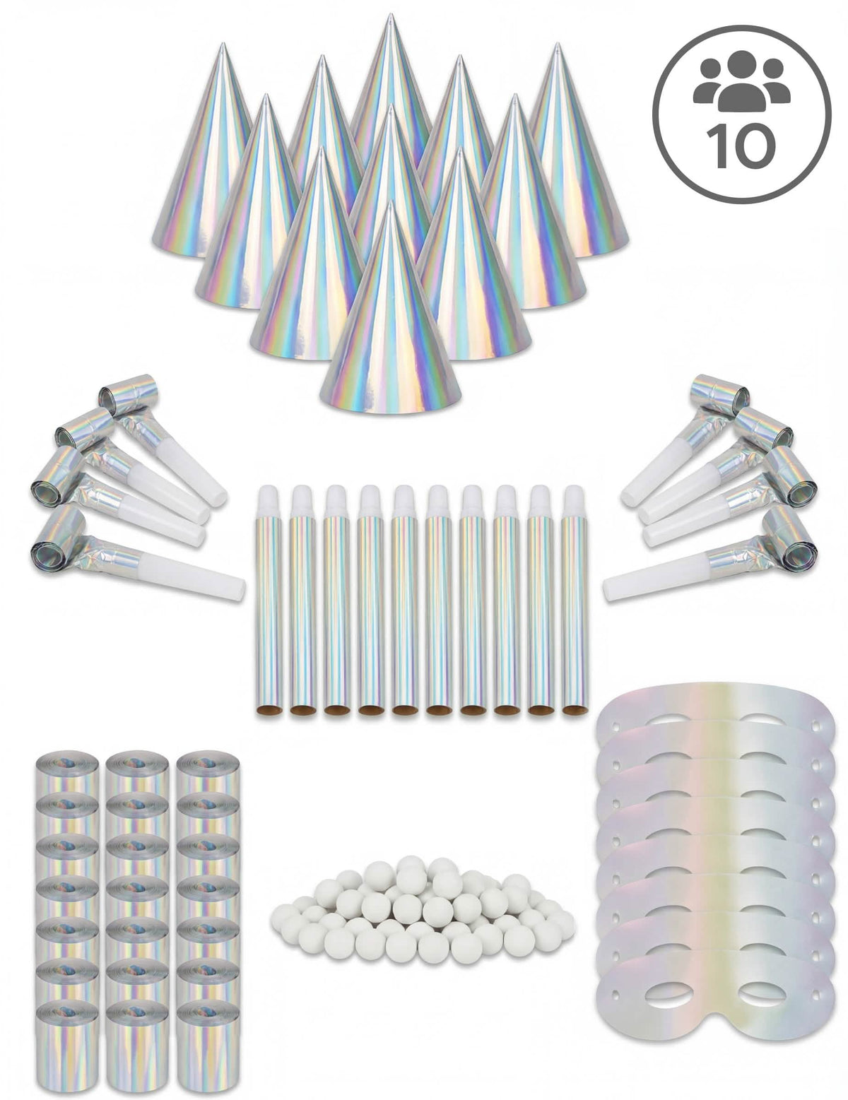 Coffret cotillons irisés pour 10 personnes argenté holographique