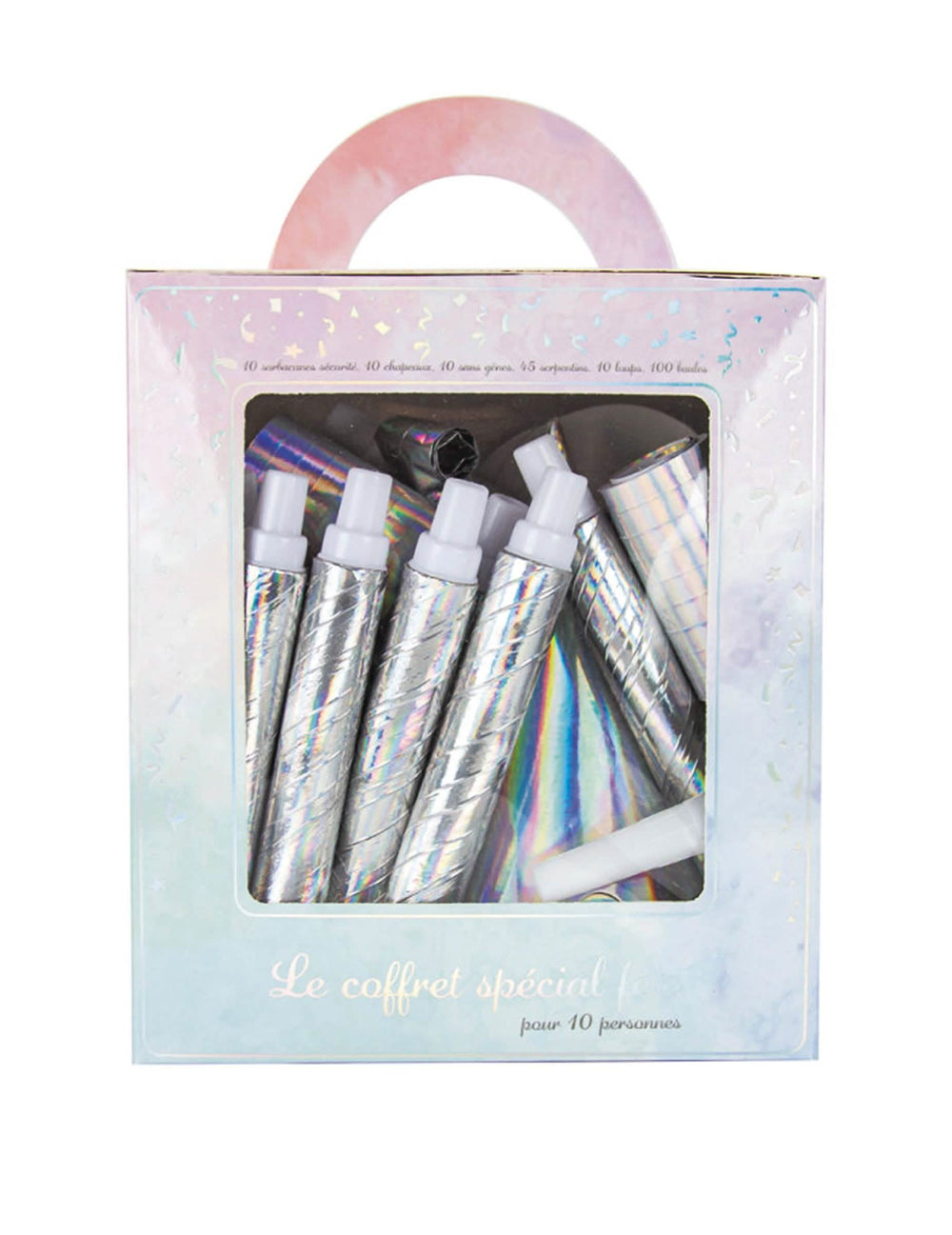 Vue de face de l'emballage du coffret cotillons irisés pour 10 personnes