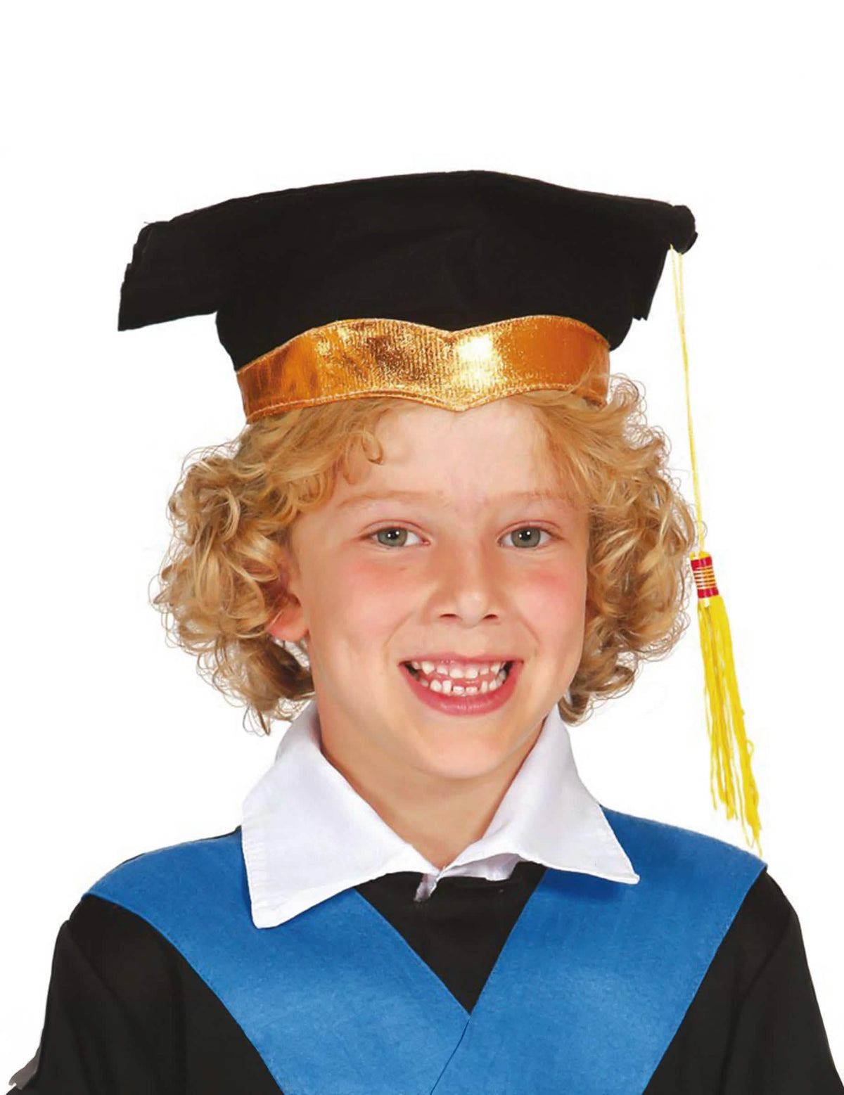 Studentenmuts voor kinderen zwart en goud met gele kwast