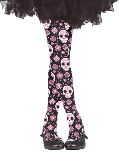 Collants Catrinas pour enfant noir avec têtes de mort roses et blanches
