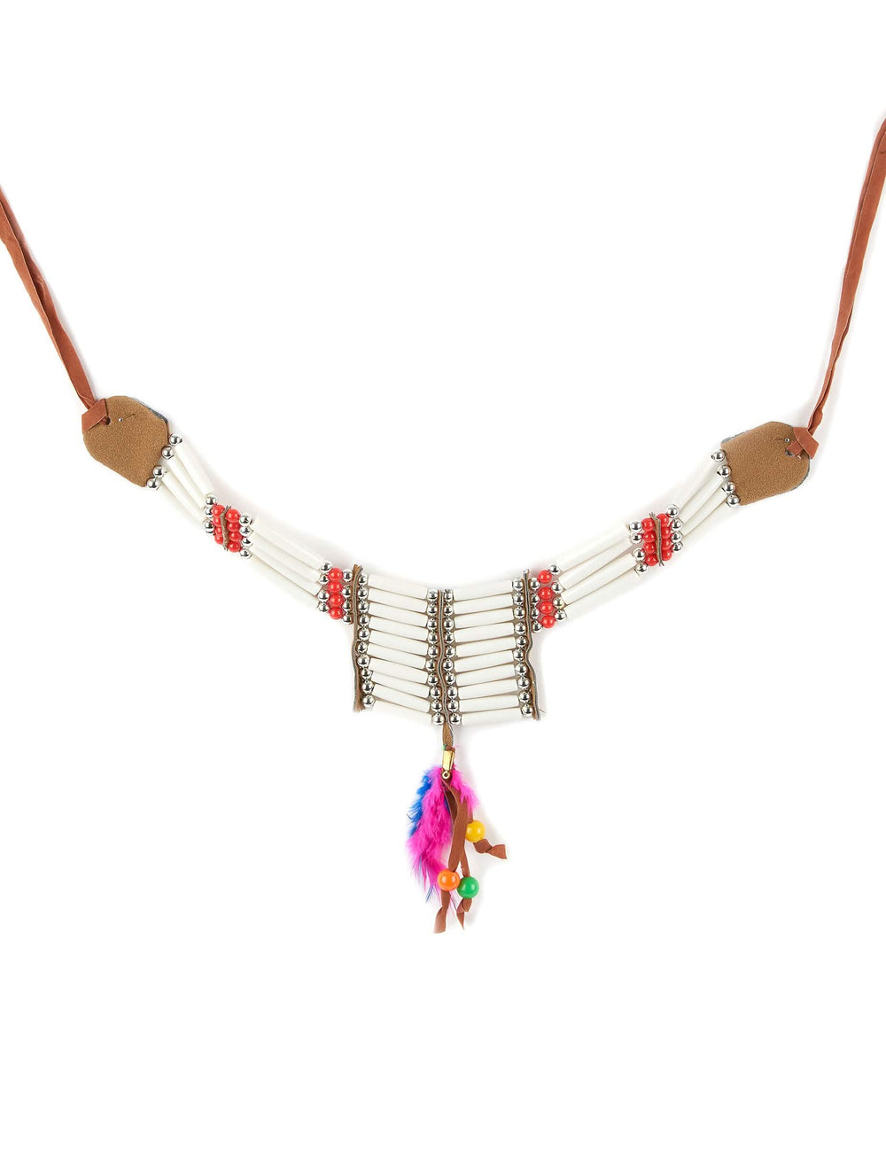 Collier indien pour femme blanc et rouge avec plumes colorées