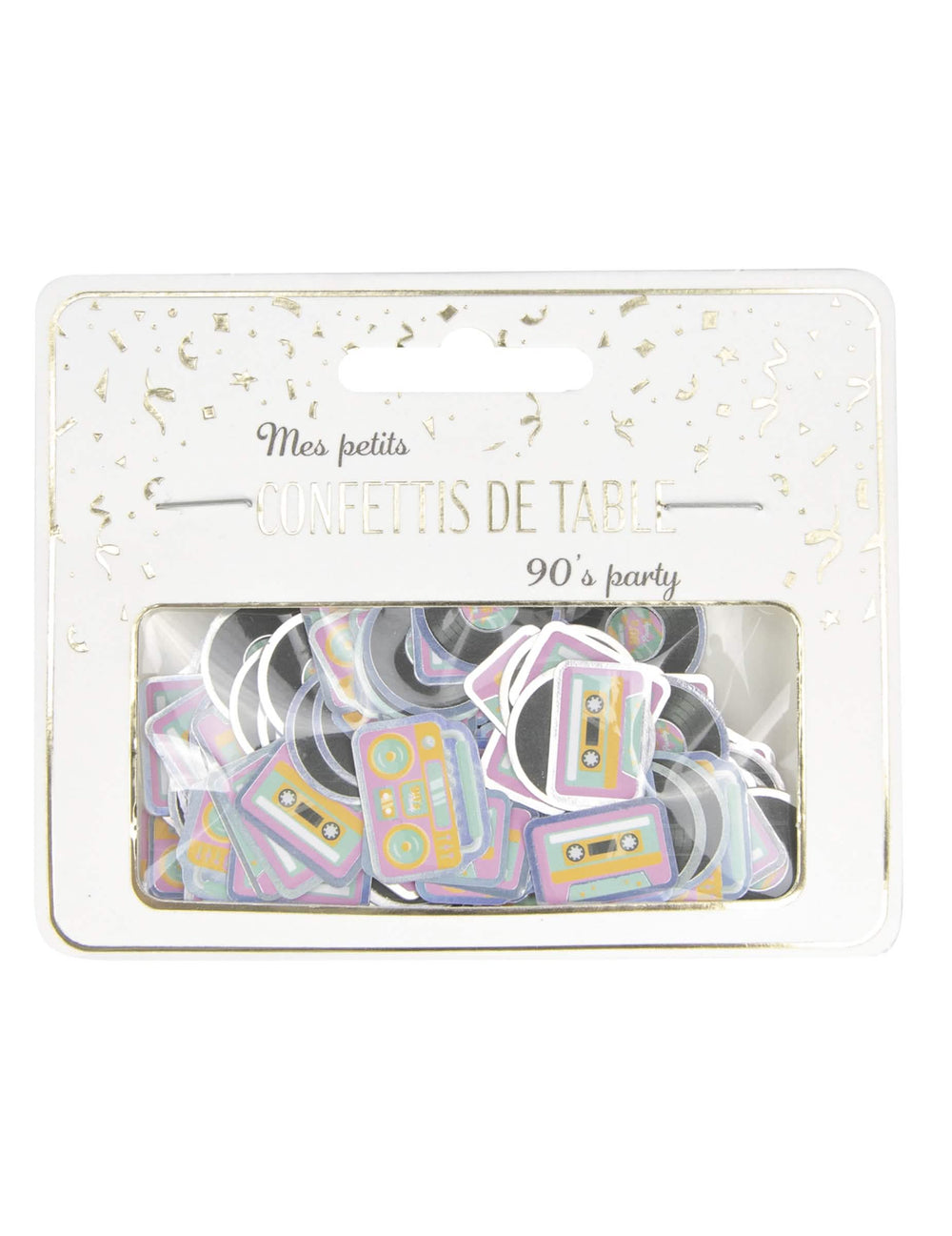 Vue de l'emballage du confettis de table cassettes et vinyles années 90