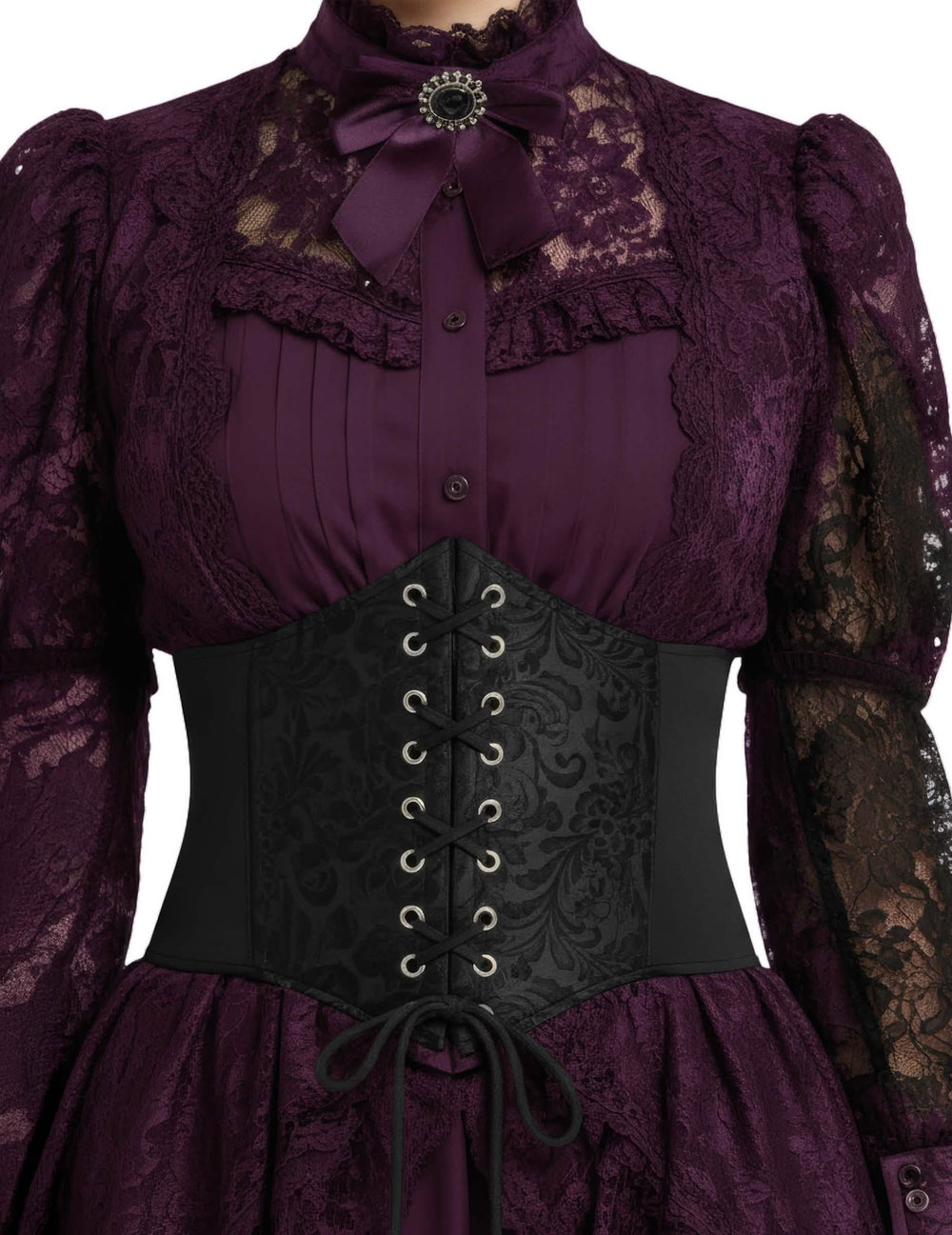 Corset élastique motif baroque pour femme noir à lacets