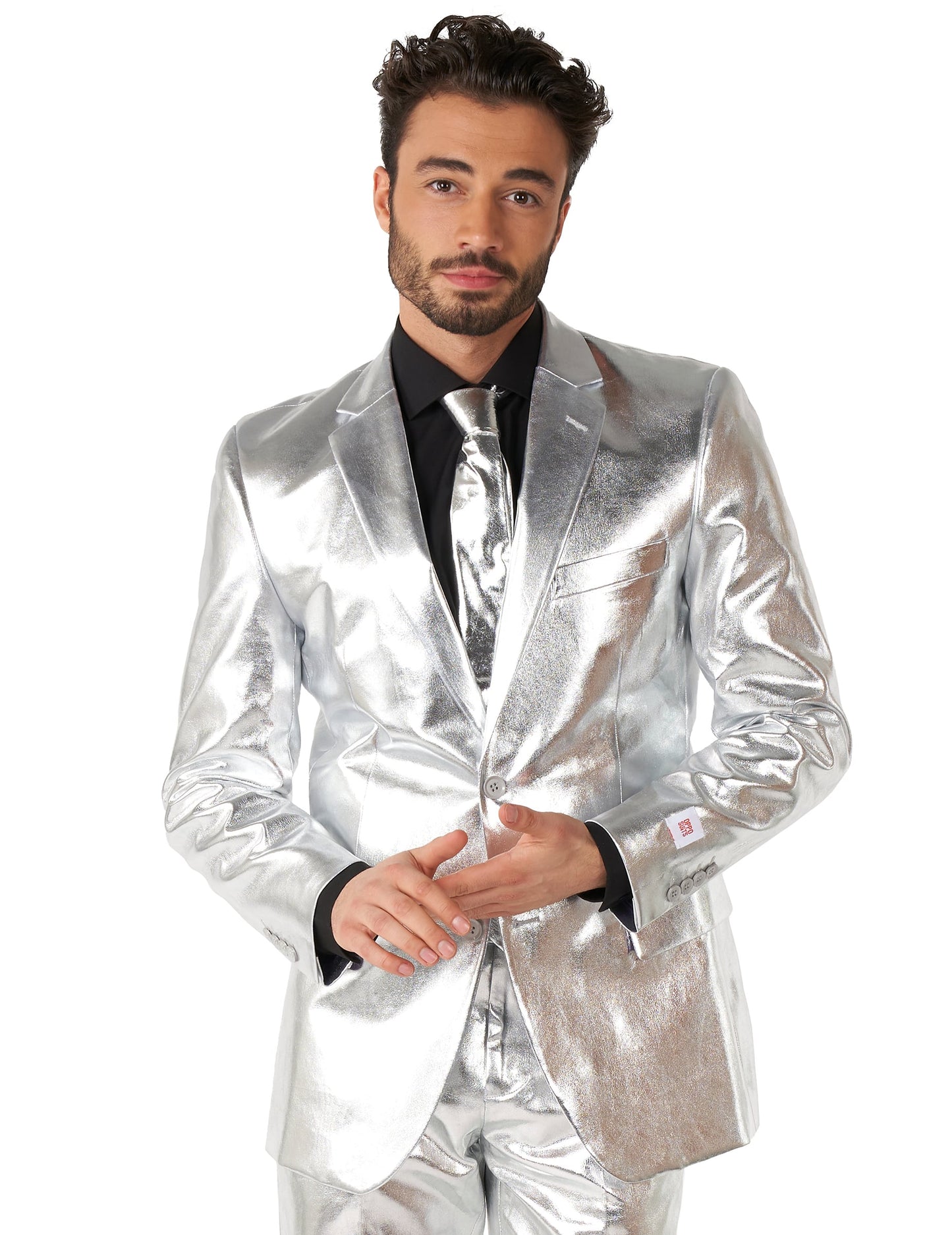 Gros plan sur la veste et la cravate du Costume Mr. Shiny Silver pour homme