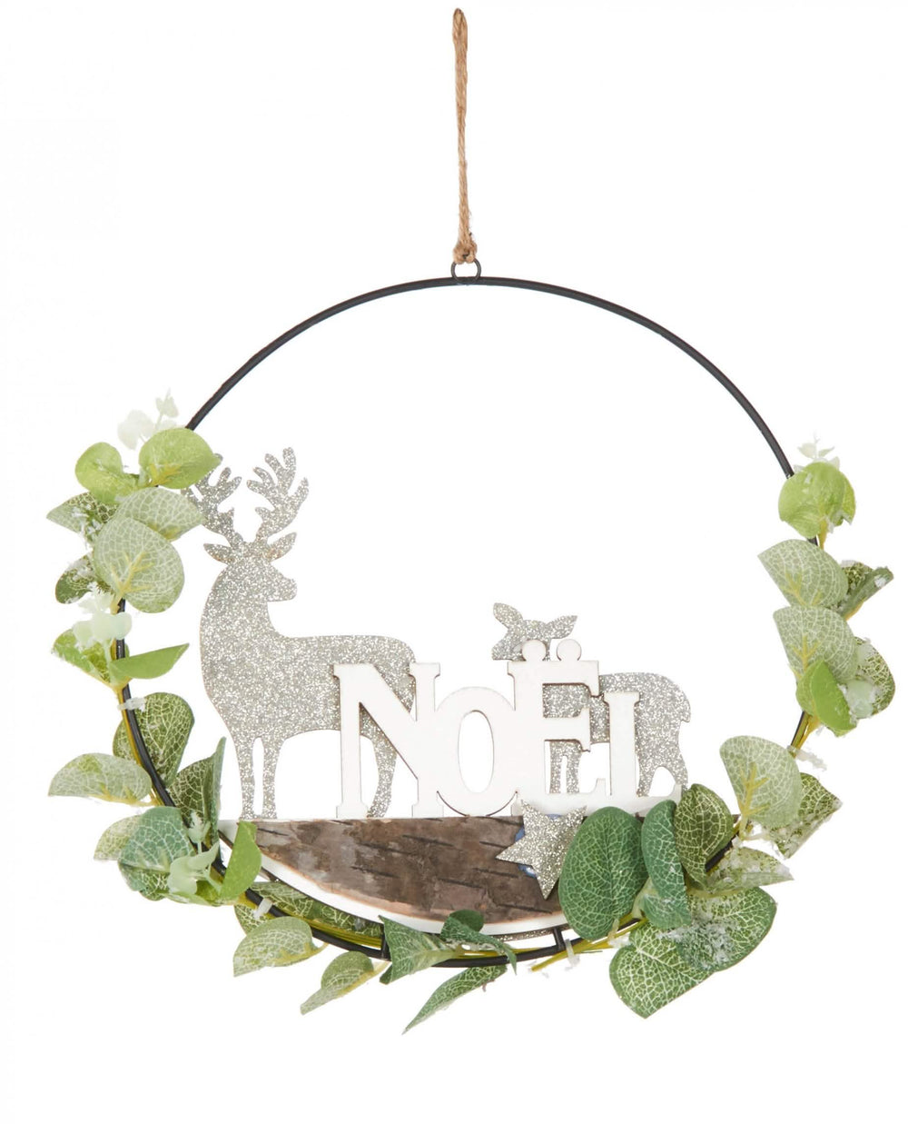 Couronne à suspendre eucalyptus Noël polaire cerf et biche vert et blanc pailleté