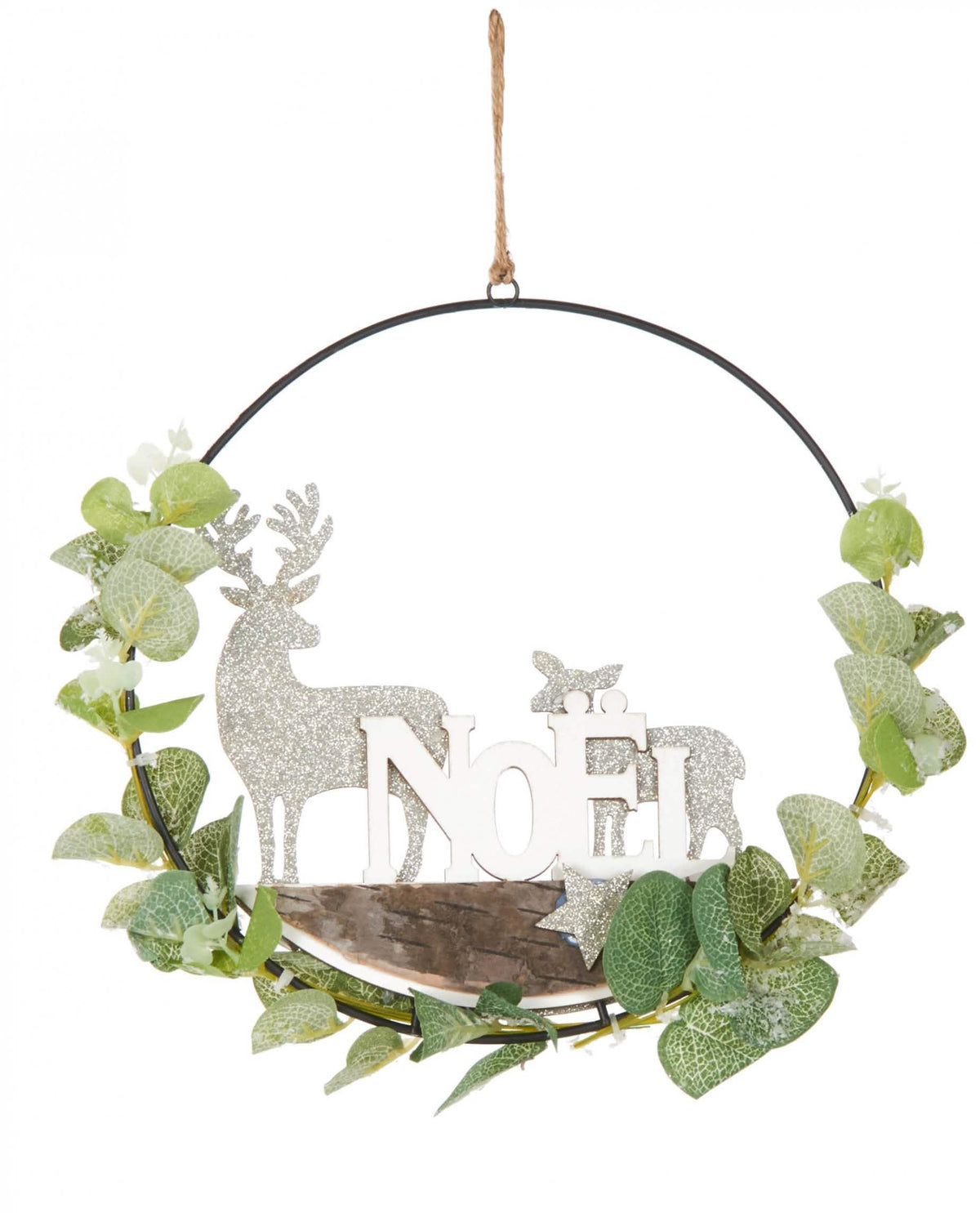 Couronne à suspendre eucalyptus Noël polaire cerf et biche vert et blanc pailleté