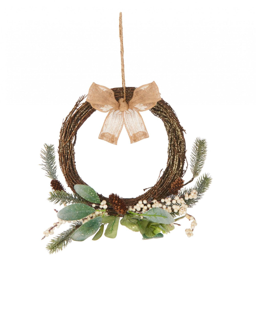 Couronne à suspendre naturelle eucalyptus avec petit nœud marron et baies blanches