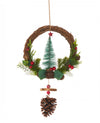 Couronne à suspendre sapin traditionnel et pommes de pin pour décoration de Noël vert marron et rouge
